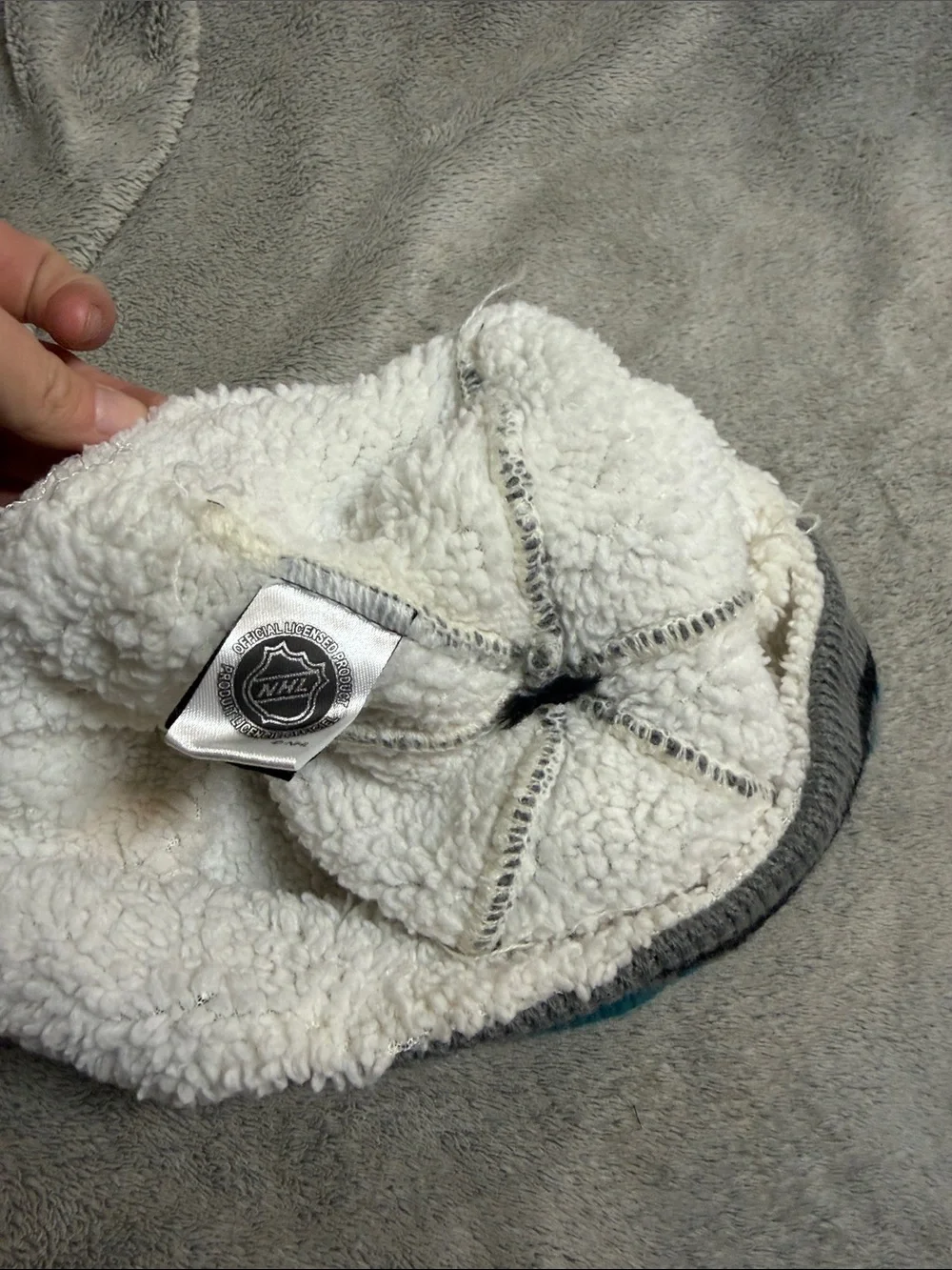 Kids Gray & Teal Fleece-Lined Earflap Pom Hat